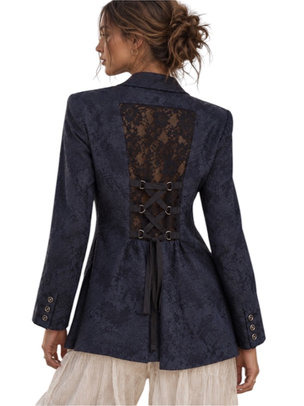 Free People Navy Blue Jacquard Back Tie Lace Up Blazer Size 4
